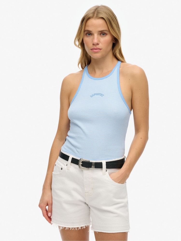 Superdry Blue Essential Logo Striped Racer 100% Cotton Vest Top - Image 1 of 6