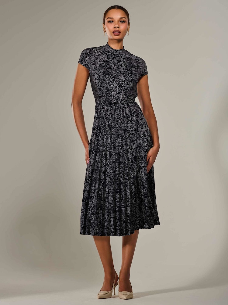 Jolie Moi Black Chrome Jersey Capped Sleeve Pleated Midi Dress - Image 1 of 6