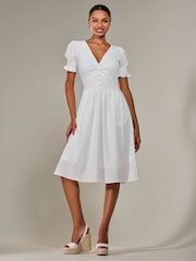 Jolie Moi White Puff Sleeve Midi Dress - Image 1 of 6