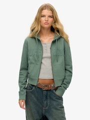 Superdry Green Athletic Essentials Tonal Cropped Zip 100% Cotton Hoodie - Image 1 of 6