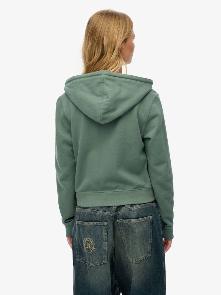 Superdry Green Athletic Essentials Tonal Cropped Zip 100% Cotton Hoodie - Image 2 of 6