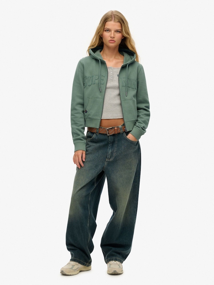 Superdry Green Athletic Essentials Tonal Cropped Zip 100% Cotton Hoodie - Image 3 of 6