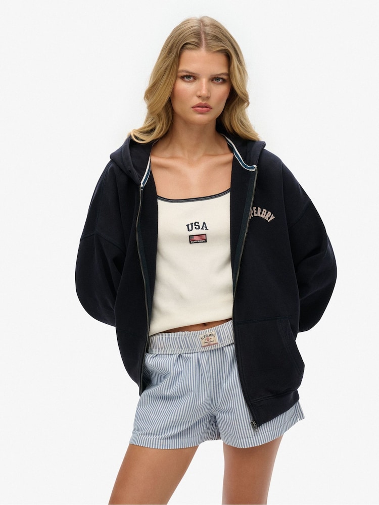 Superdry Blue Oversized Athletic Essentials Zip 100% Cotton Hoodie - Image 1 of 6