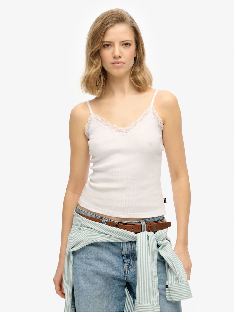 Superdry White Essential Lace Trim 100% Cotton Cami Top - Image 1 of 6