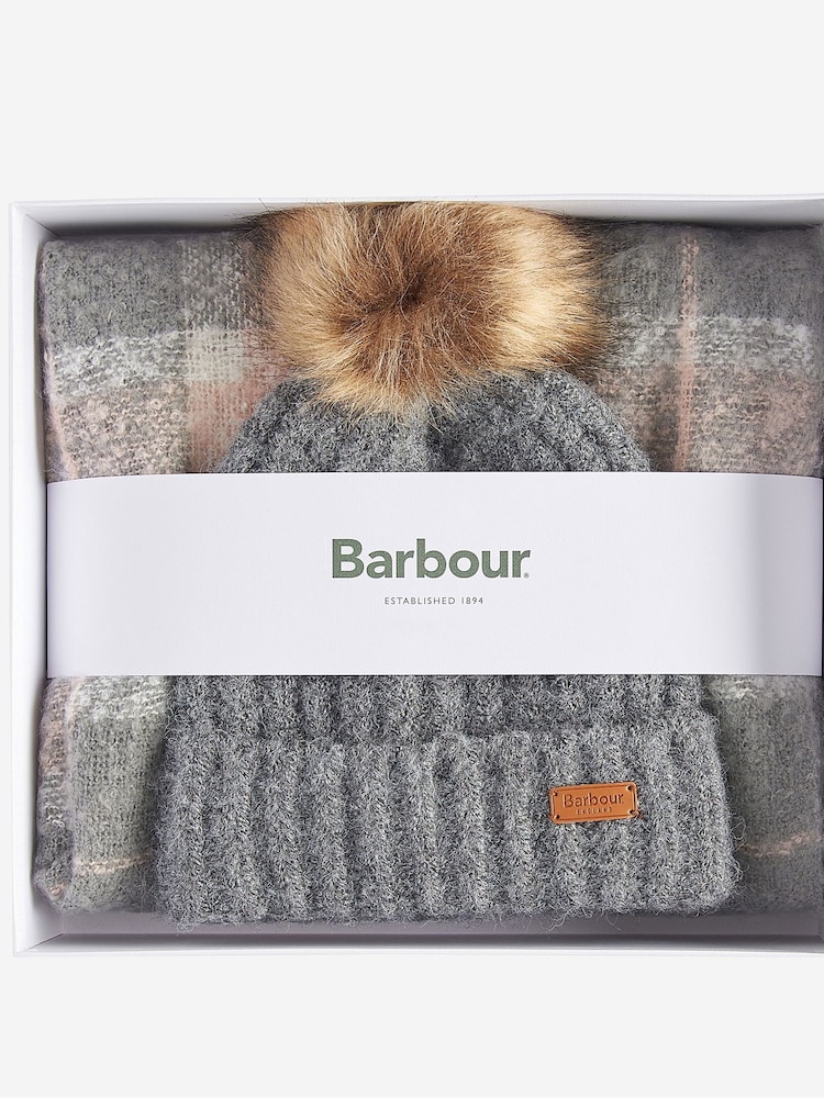 Barbour® Grey Saltburn Pom Beanie Hat & Scarf Gift Box Set - Image 1 of 5 Barbour® Grey Saltburn Pom Beanie Hat & Scarf Gift Box Set - Image 1 of 5