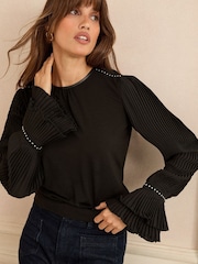 Love & Roses Black Pleated Stud Detail Long Sleeve PU Trim Top - Image 1 of 4