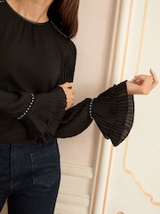 Love & Roses Black Pleated Stud Detail Long Sleeve PU Trim Top - Image 2 of 4