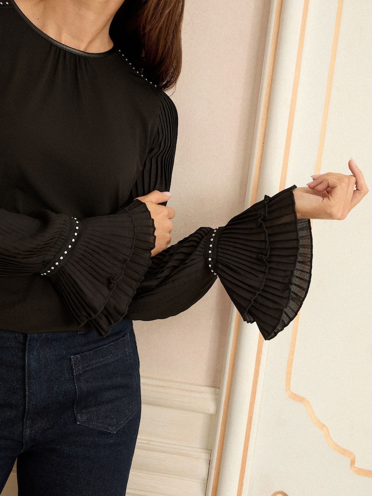 Love & Roses Black Pleated Stud Detail Long Sleeve PU Trim Top - Image 2 of 4