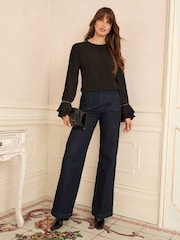 Love & Roses Black Pleated Stud Detail Long Sleeve PU Trim Top - Image 3 of 4