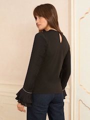 Love & Roses Black Pleated Stud Detail Long Sleeve PU Trim Top - Image 4 of 4