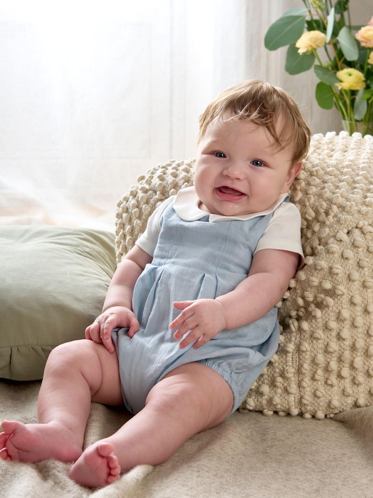 Mamas & Papas Blue Pleat 100% Cotton Romper & Bodysuit with Collar Set - Imagen 1 de 7