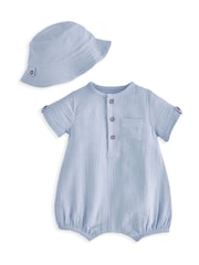 100% Cotton Patch Pocket Romper & Bucket Hat Set - Image 1 of 3