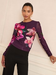 Love & Roses Purple Printed Long Sleeve Mesh Top - Image 1 of 4
