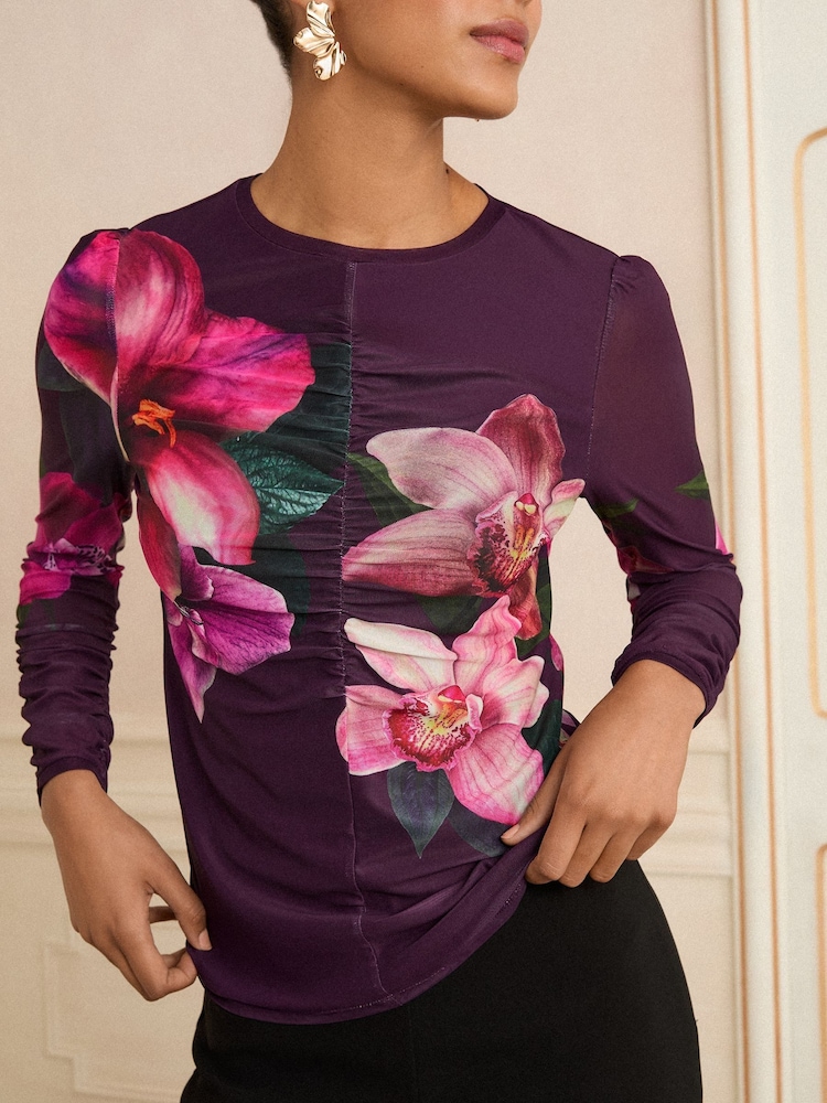 Love & Roses Purple Printed Long Sleeve Mesh Top - Image 2 of 4