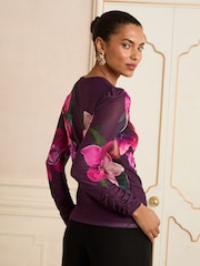 Love & Roses Purple Printed Long Sleeve Mesh Top - Image 4 of 4