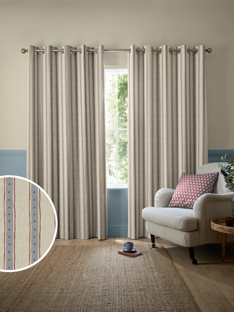 Emily Bond Blue Block Printed Stripe Made to Measure Curtains - Image 1 of 8