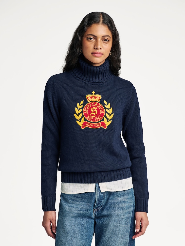 Sporty & Rich Blue Crest Knitted Turtleneck Jumper - Image 2 of 4