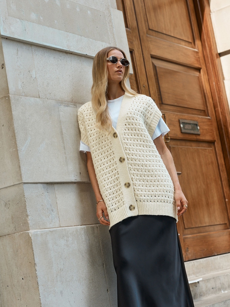 Ecru Chunky Open Knit Button Through Tank - Image 1 of 8