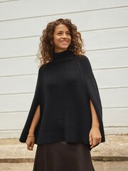 أسود - Roll Neck Ribbed Knitted Poncho - صورة 1 من 8