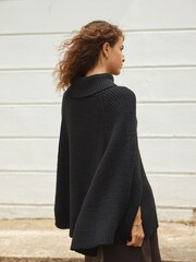 أسود - Roll Neck Ribbed Knitted Poncho - صورة 3 من 8