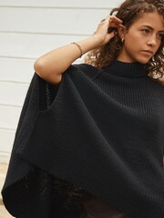 أسود - Roll Neck Ribbed Knitted Poncho - صورة 4 من 8