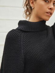أسود - Roll Neck Ribbed Knitted Poncho - صورة 5 من 8