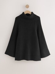 أسود - Roll Neck Ribbed Knitted Poncho - صورة 6 من 8