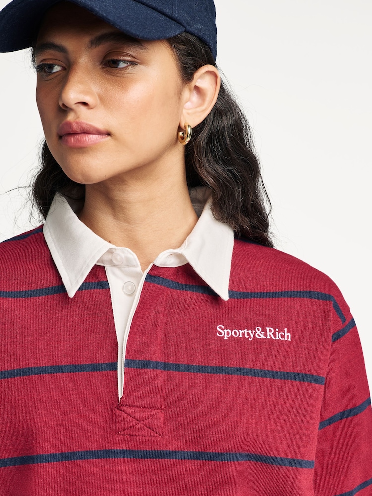 Sporty & Rich Red Serif Logo Rugby Polo Shirt - Image 5 of 5