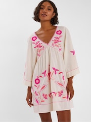 Accessorize Cream Floral Print Embroidered Mini Beach Dress - Image 1 of 4