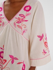 Accessorize Cream Floral Print Embroidered Mini Beach Dress - Image 2 of 4
