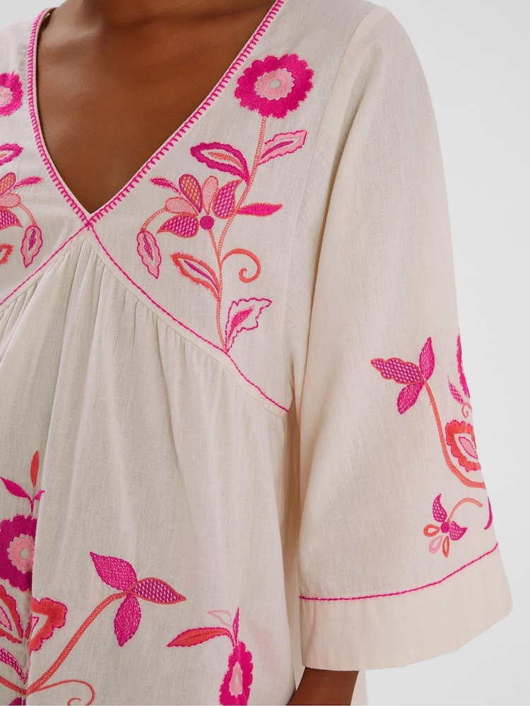 Accessorize Cream Floral Print Embroidered Mini Beach Dress - Image 2 of 4