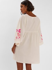 Accessorize Cream Floral Print Embroidered Mini Beach Dress - Image 3 of 4