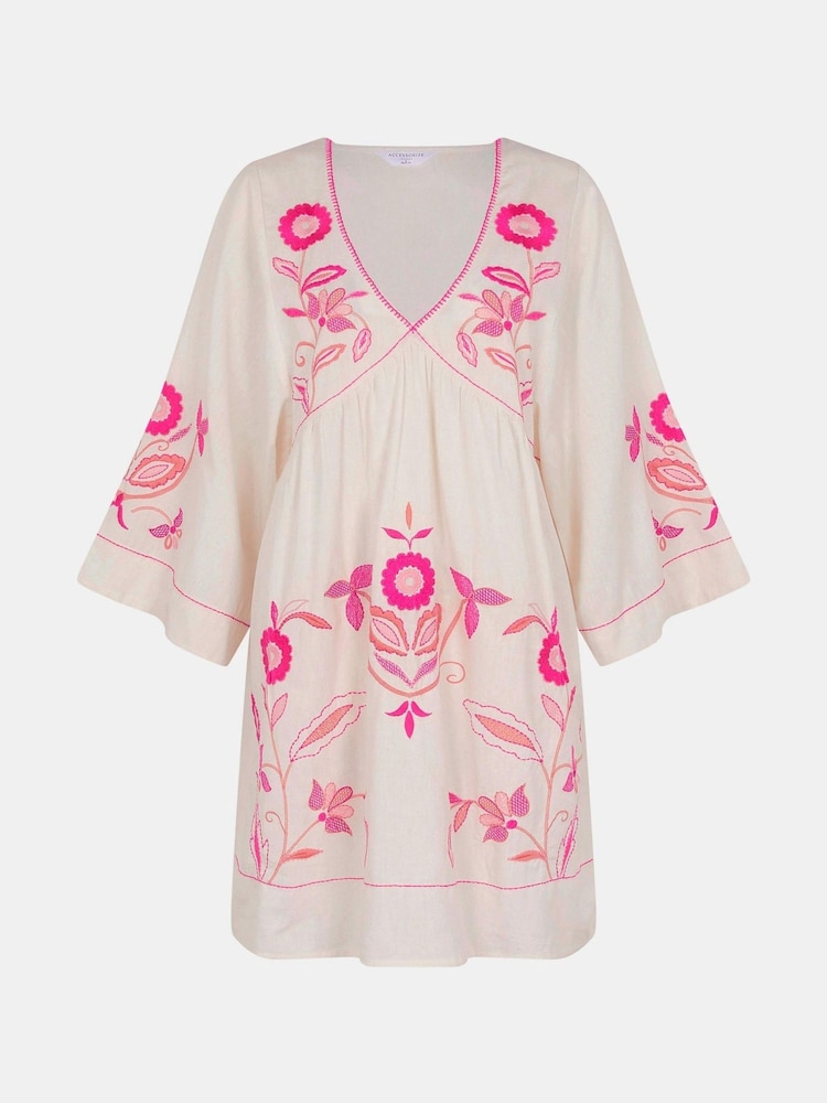 Accessorize Cream Floral Print Embroidered Mini Beach Dress - Image 4 of 4