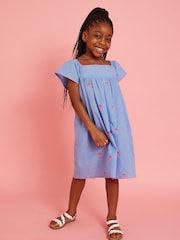 Angels By Accessorize Blue Strawberry Chambray Smock 100% Cotton Dress - Image 1 of 4
