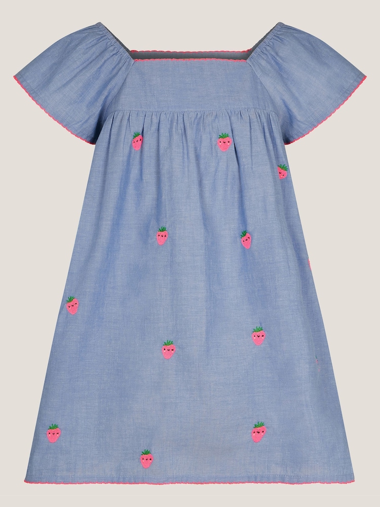 Angels By Accessorize Blue Strawberry Chambray Smock 100% Cotton Dress - Image 2 of 4