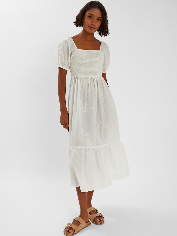 Accessorize White Embroidered Puff Sleeve 100% Cotton Midi Dress - Image 1 of 4 Accessorize White Embroidered Puff Sleeve 100% Cotton Midi Dress - Image 1 of 4