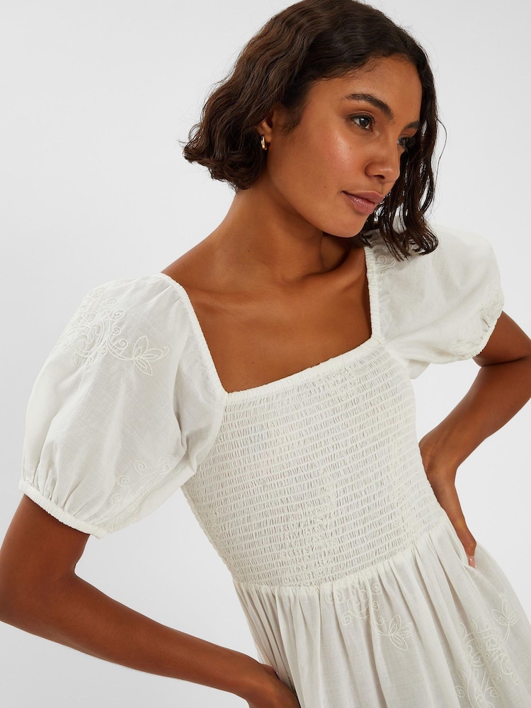 Accessorize White Embroidered Puff Sleeve 100% Cotton Midi Dress - Image 2 of 4 Accessorize White Embroidered Puff Sleeve 100% Cotton Midi Dress - Image 2 of 4