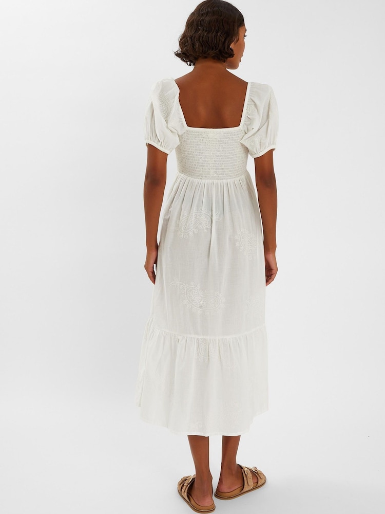 Accessorize White Embroidered Puff Sleeve 100% Cotton Midi Dress - Image 3 of 4
