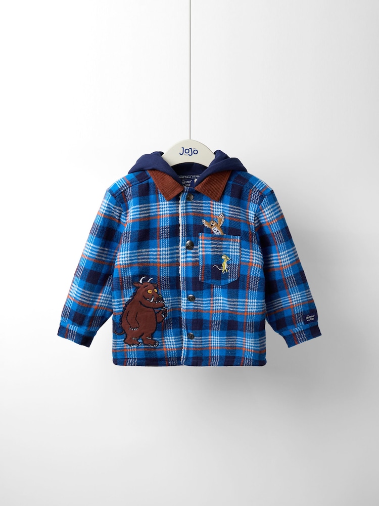 JoJo Maman Bébé Gruffalo Cobalt Blue Check Borg Hooded Shacket - Image 1 of 5