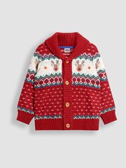JoJo Maman Bébé Red Reindeer Fair Isle Knitted Cardigan - Image 1 of 3