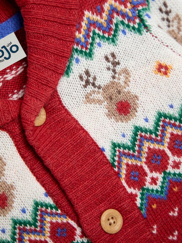 JoJo Maman Bébé Red Reindeer Fair Isle Knitted Cardigan - Image 3 of 3