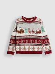 JoJo Maman Bébé Burgundy Red Santa & Snow Christmas Fair Isle Jumper - Image 1 of 3