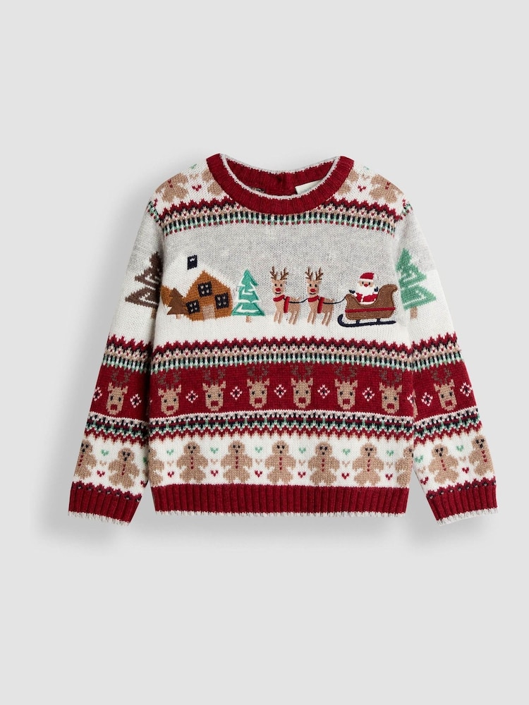 JoJo Maman Bébé Burgundy Red Santa & Snow Christmas Fair Isle Jumper - Image 1 of 3