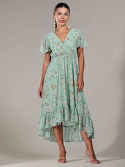 Jolie Moi Green Floral Petite Petite Long Sleeve Soft Silky Jersey Midi Dress - Image 1 of 6