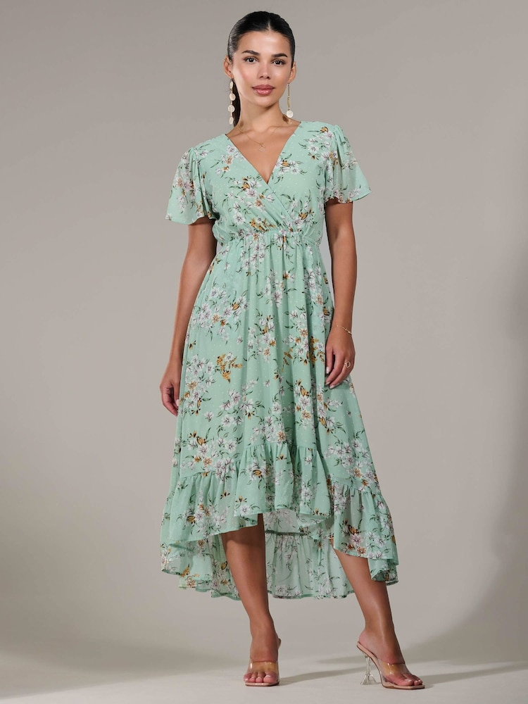 Jolie Moi Green Floral Petite Petite Long Sleeve Soft Silky Jersey Midi Dress - Image 1 of 6