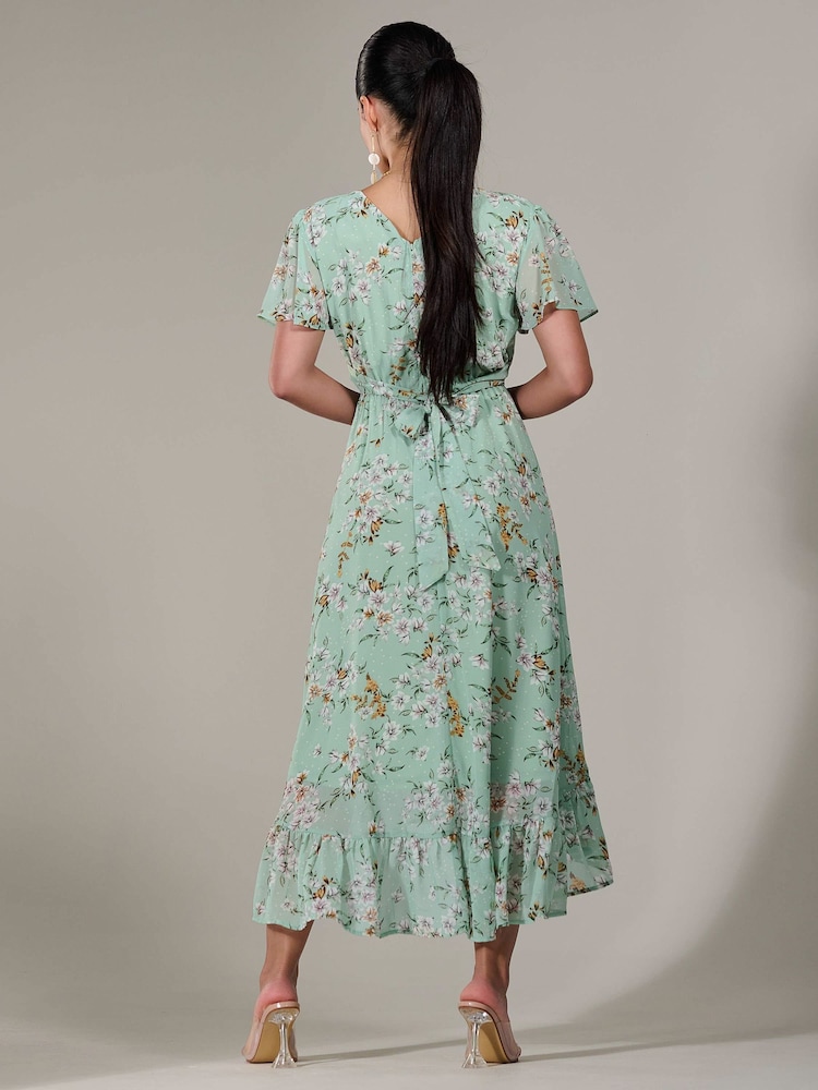 Jolie Moi Green Floral Petite Petite Long Sleeve Soft Silky Jersey Midi Dress - Image 2 of 6