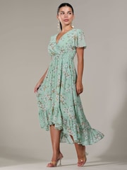 Jolie Moi Green Floral Petite Petite Long Sleeve Soft Silky Jersey Midi Dress - Image 4 of 6