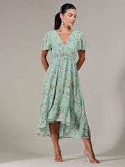 Jolie Moi Green Floral Petite Petite Long Sleeve Soft Silky Jersey Midi Dress - Image 5 of 6