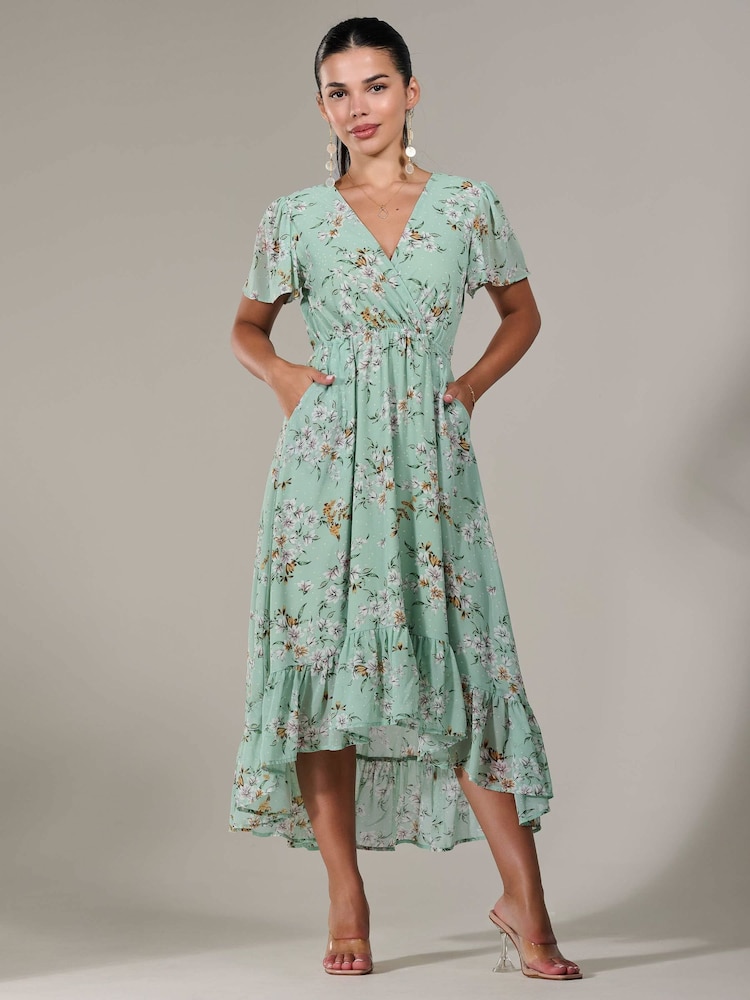 Jolie Moi Green Floral Petite Petite Long Sleeve Soft Silky Jersey Midi Dress - Image 6 of 6