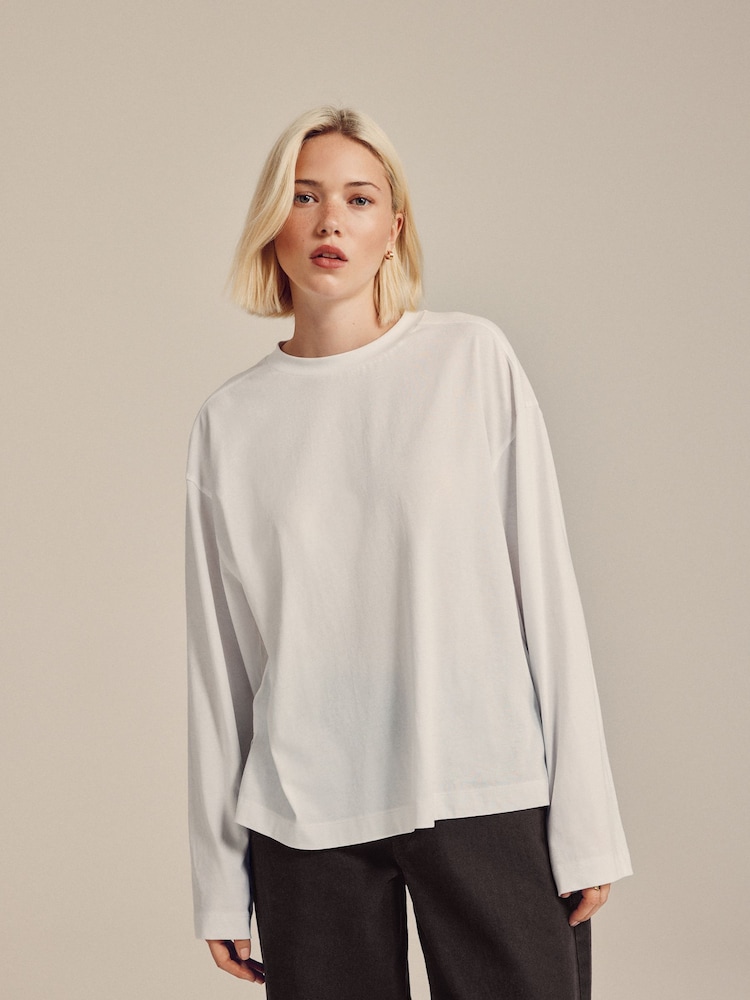 White Relaxed Long Sleeve Crew Neck T-Shirt - Image 1 of 4